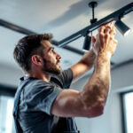 A photograph of a lighting contractor expertly installing track lighting in a modern interior space