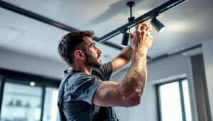 A photograph of a lighting contractor expertly installing track lighting in a modern interior space