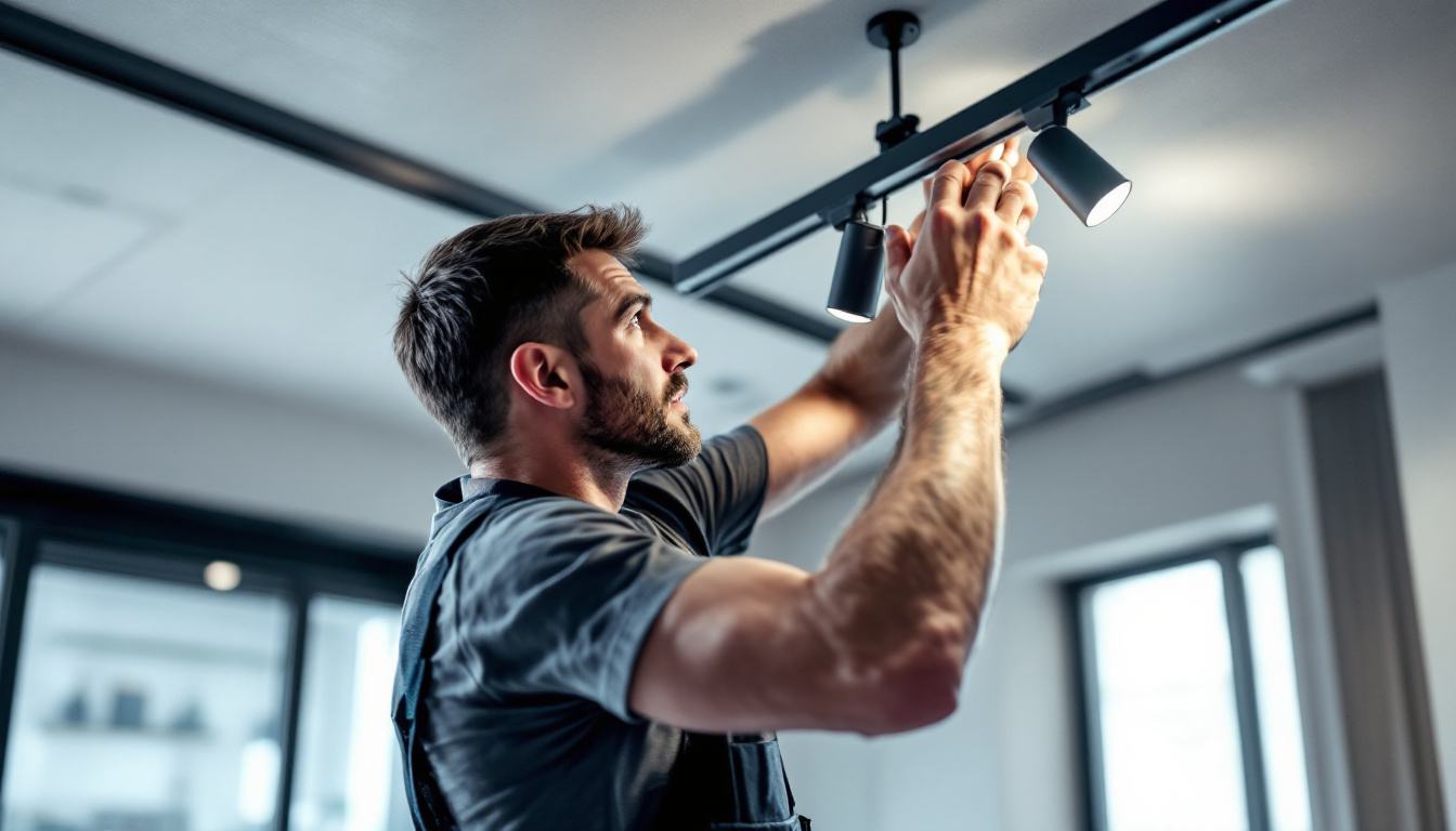 A photograph of a lighting contractor expertly installing track lighting in a modern interior space