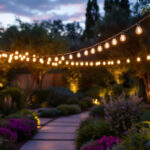 A photograph of a professional lighting contractor installing led outdoor light fixtures in a beautifully landscaped garden at dusk