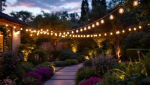 A photograph of a professional lighting contractor installing led outdoor light fixtures in a beautifully landscaped garden at dusk