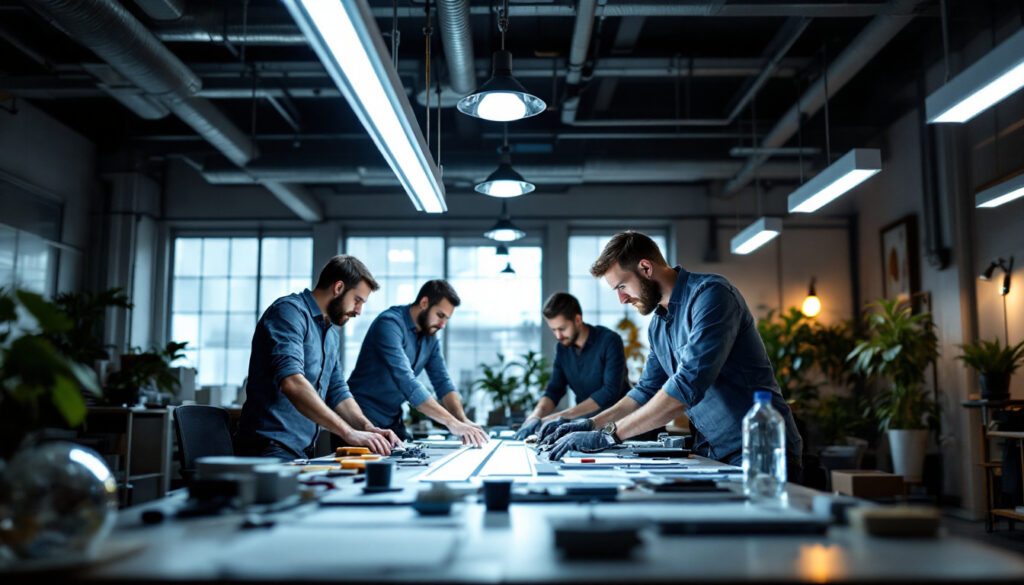 A photograph of a team of professionals in a well-lit workspace
