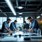 A photograph of a team of professionals in a well-lit workspace