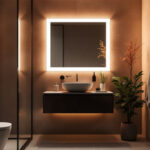 A photograph of a stylish bathroom featuring modern mirror led lights