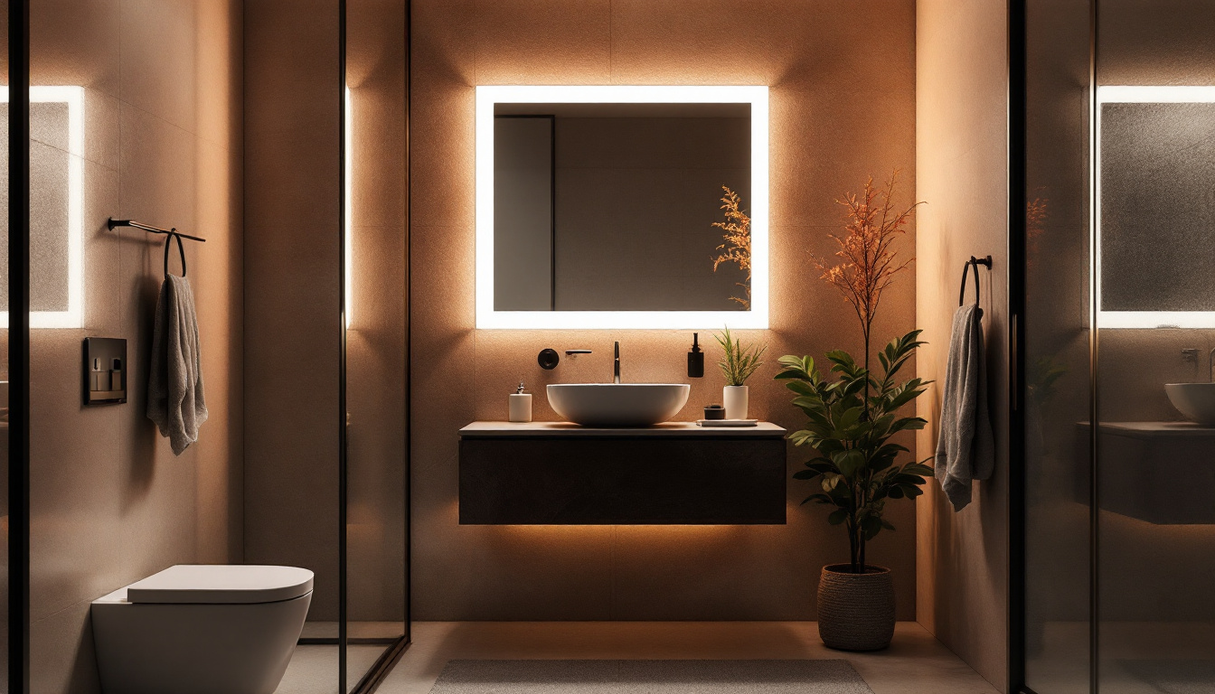 A photograph of a stylish bathroom featuring modern mirror led lights