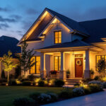 A photograph of a beautifully illuminated exterior of a home at dusk
