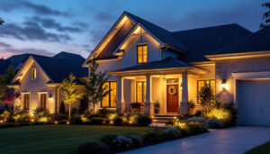 A photograph of a beautifully illuminated exterior of a home at dusk