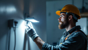 A photograph of a well-lit garage showcasing a plug-in garage light in use