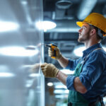 A photograph of a lighting contractor installing advanced led fixtures in a commercial space