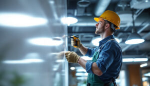 A photograph of a lighting contractor installing advanced led fixtures in a commercial space