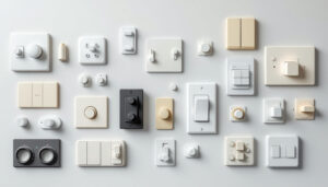 A photograph of a well-organized display of various types of light switches