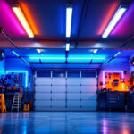A photograph of a well-lit garage showcasing vibrant led light strips installed along the ceiling and walls