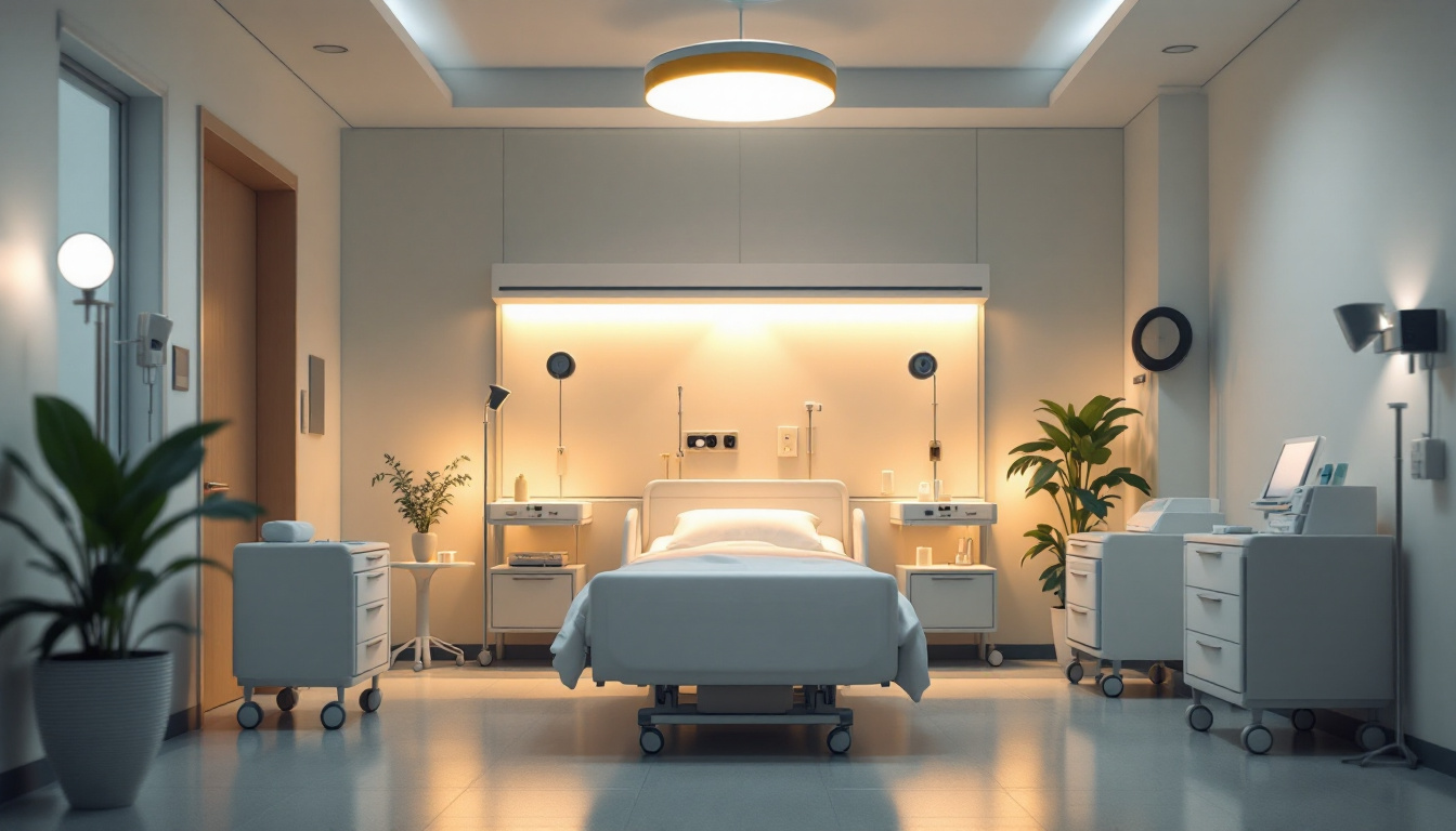 A photograph of a softly lit hospital room that showcases warm