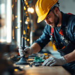 A photograph of a skilled lighting contractor expertly working with electric cords and fixtures in a well-lit environment