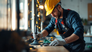 A photograph of a skilled lighting contractor expertly working with electric cords and fixtures in a well-lit environment