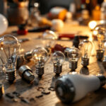 A photograph of a close-up of various types of normal light bulb bases arranged on a clean