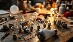 A photograph of a close-up of various types of normal light bulb bases arranged on a clean