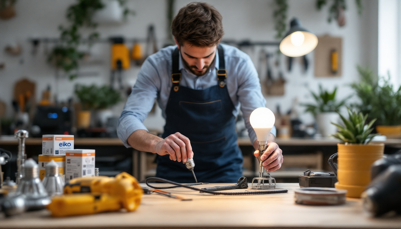 A photograph of a well-organized workspace featuring eiko bulbs prominently displayed alongside lighting tools and equipment