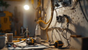 A photograph of a lighting contractor efficiently installing or adjusting receptacles in a well-lit workspace