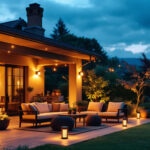 A photograph of a beautifully illuminated patio at dusk