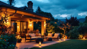 A photograph of a beautifully illuminated patio at dusk