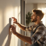 A photograph of a skilled lighting contractor installing a modern light switch in a beautifully designed interior space