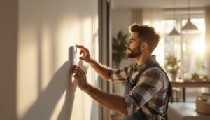 A photograph of a skilled lighting contractor installing a modern light switch in a beautifully designed interior space