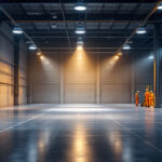 A photograph of a well-lit warehouse interior showcasing various lighting fixtures and their effects on the space