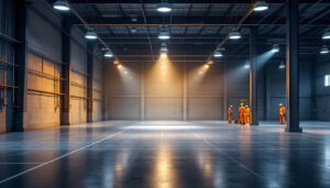 A photograph of a well-lit warehouse interior showcasing various lighting fixtures and their effects on the space