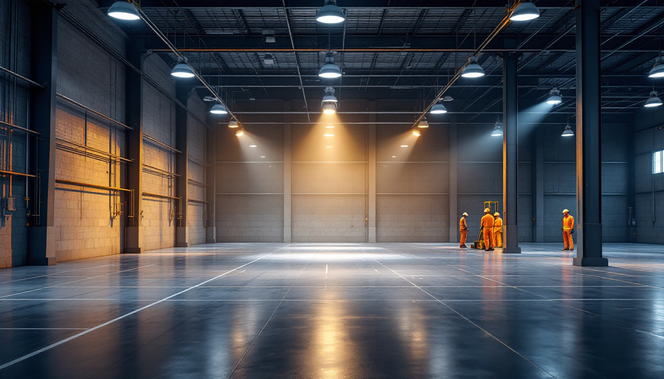 A photograph of a well-lit warehouse interior showcasing various lighting fixtures and their effects on the space