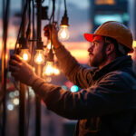 A photograph of a skilled lighting contractor expertly installing or adjusting vapor lights in a dynamic urban setting