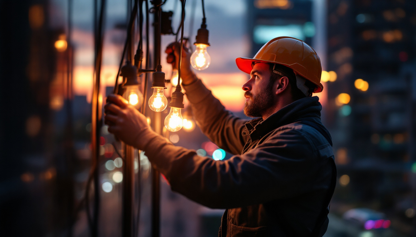 A photograph of a skilled lighting contractor expertly installing or adjusting vapor lights in a dynamic urban setting