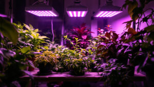 A photograph of a well-lit indoor gardening setup featuring various types of commercial grow lights in action