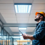 A photograph of a well-lit commercial space featuring 2x4 drop ceiling led light fixtures in use
