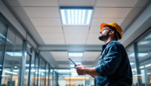 A photograph of a well-lit commercial space featuring 2x4 drop ceiling led light fixtures in use