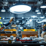 A photograph of a lighting contractor efficiently organizing and installing various lighting fixtures in a well-lit warehouse setting