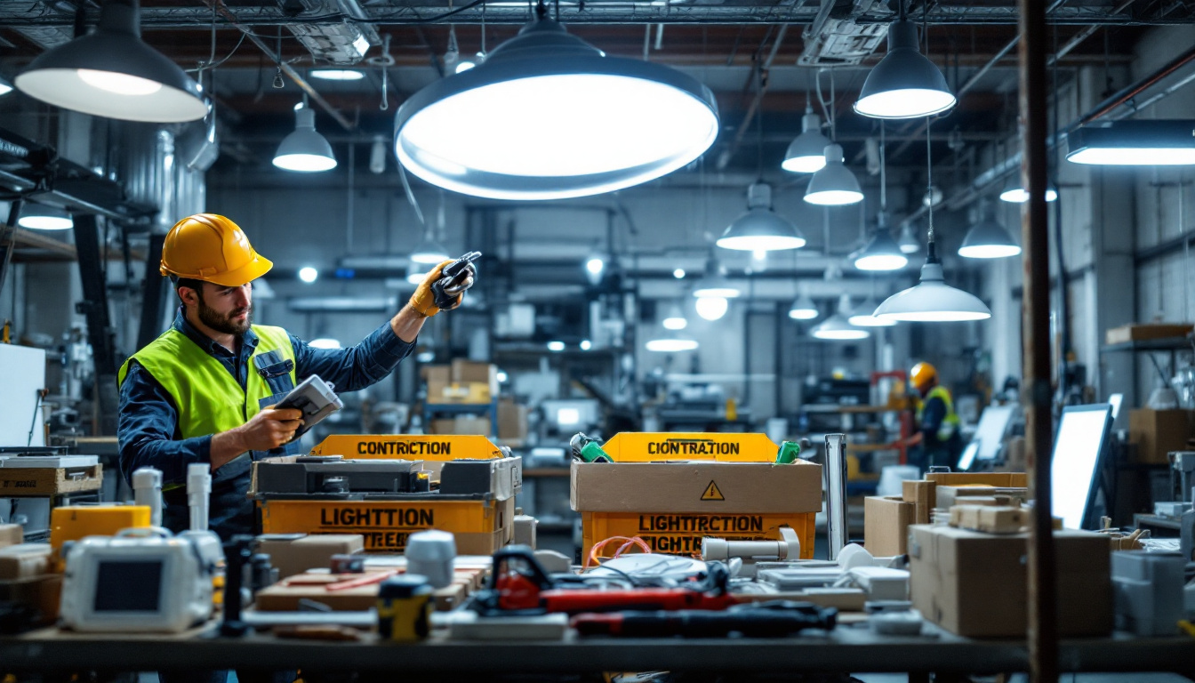 A photograph of a lighting contractor efficiently organizing and installing various lighting fixtures in a well-lit warehouse setting