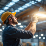 A photograph of a lighting contractor expertly installing highbay led lights in a spacious industrial setting