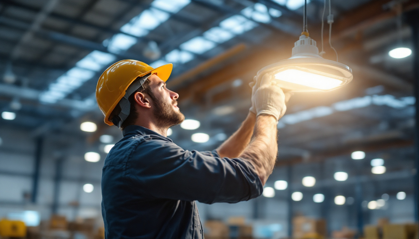 A photograph of a lighting contractor expertly installing highbay led lights in a spacious industrial setting