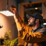 A photograph of a lighting contractor installing or examining an 8 led fixture in a modern workspace