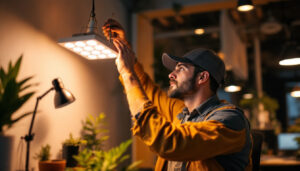 A photograph of a lighting contractor installing or examining an 8 led fixture in a modern workspace