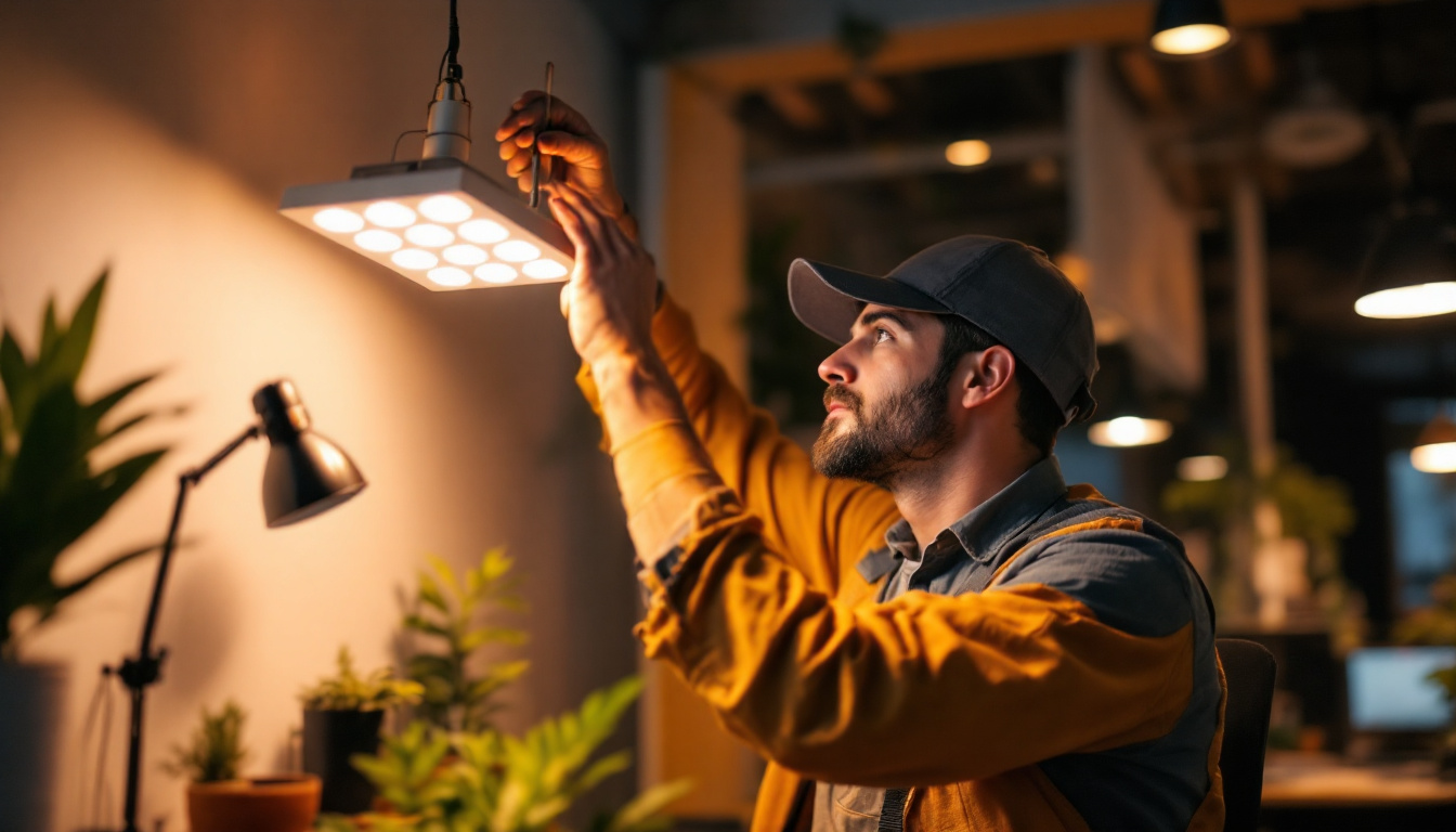 A photograph of a lighting contractor installing or examining an 8 led fixture in a modern workspace