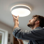 A photograph of a skilled lighting contractor installing a stylish led flush mount light in a modern home setting