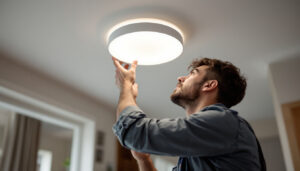 A photograph of a skilled lighting contractor installing a stylish led flush mount light in a modern home setting