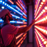 A photograph of a lighting contractor installing an led light wall in a modern commercial space