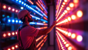 A photograph of a lighting contractor installing an led light wall in a modern commercial space