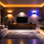 A photograph of a modern basement space illuminated by stylish led lights