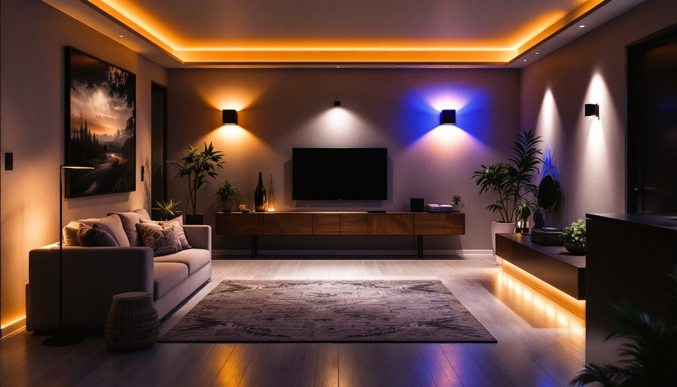 A photograph of a modern basement space illuminated by stylish led lights