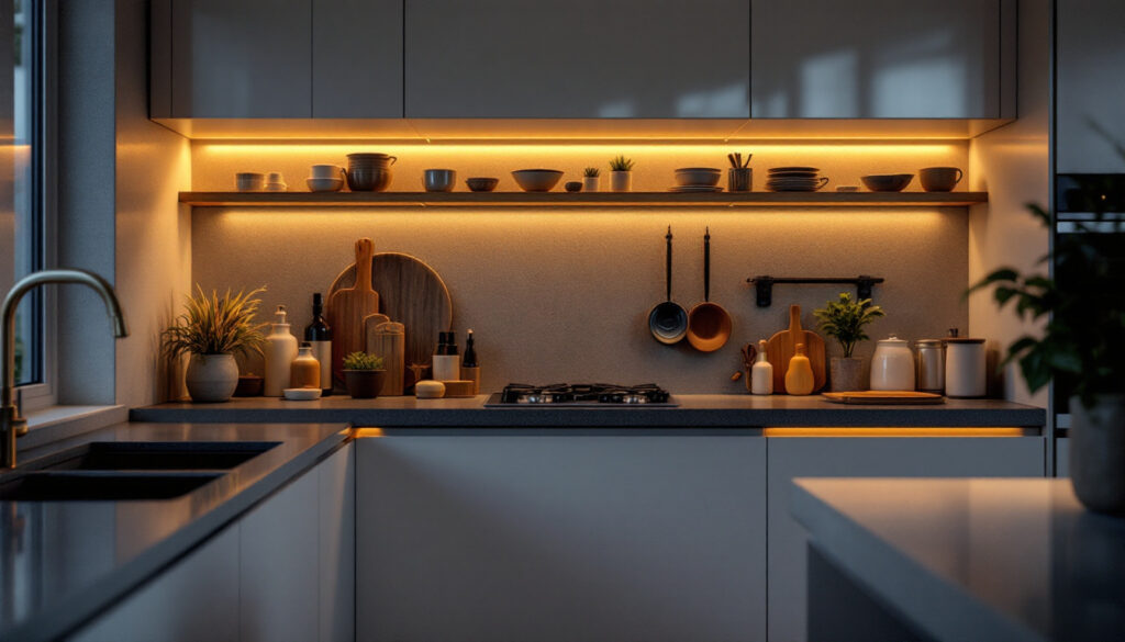 A photograph of a beautifully lit kitchen featuring sleek under cabinet lighting that highlights the countertops and creates a warm ambiance