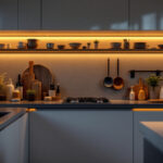 A photograph of a beautifully lit kitchen featuring sleek under cabinet lighting that highlights the countertops and creates a warm ambiance